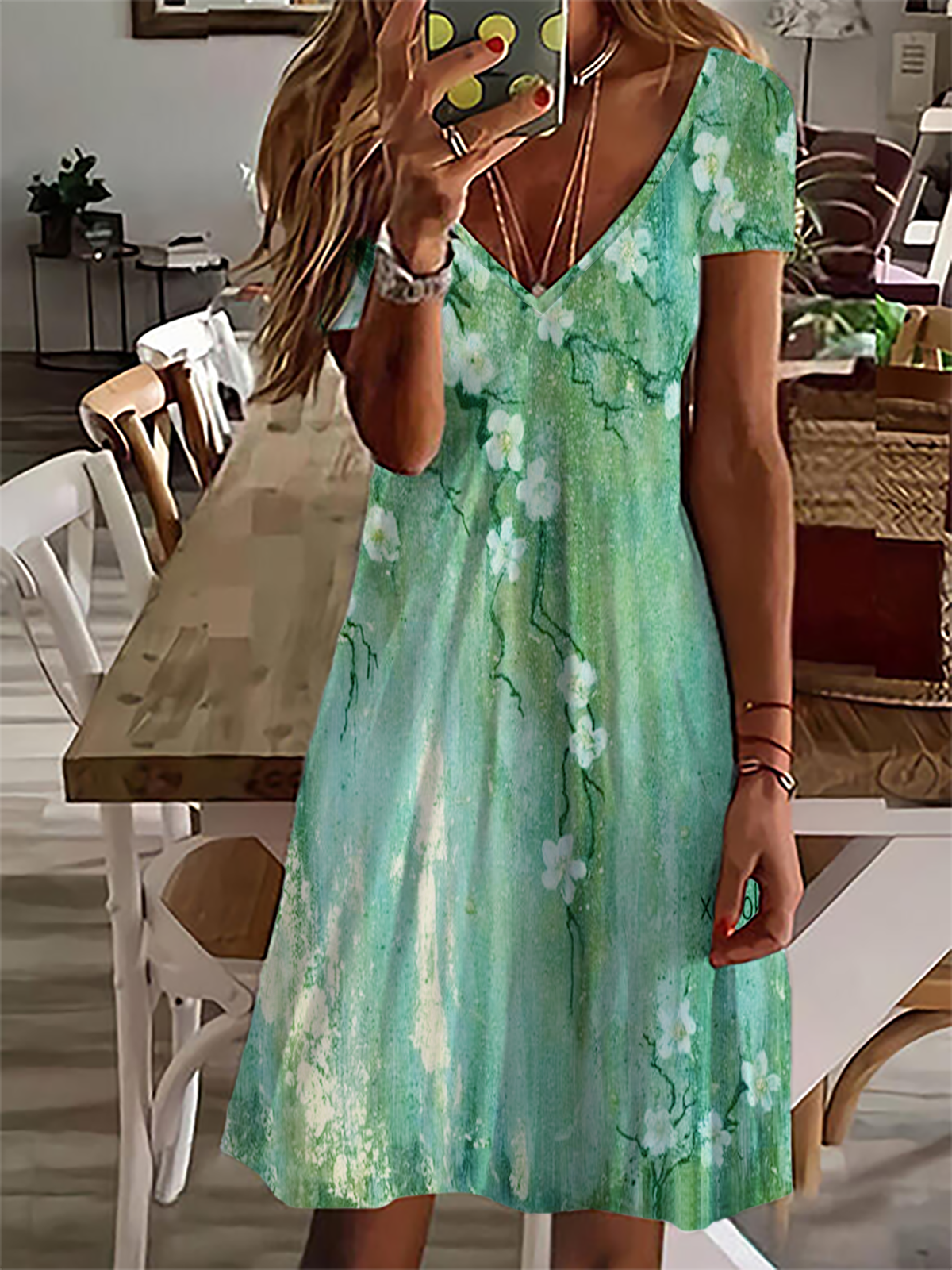 Robe Été Printemps Ample Col V Manches Courtes pour Femmes