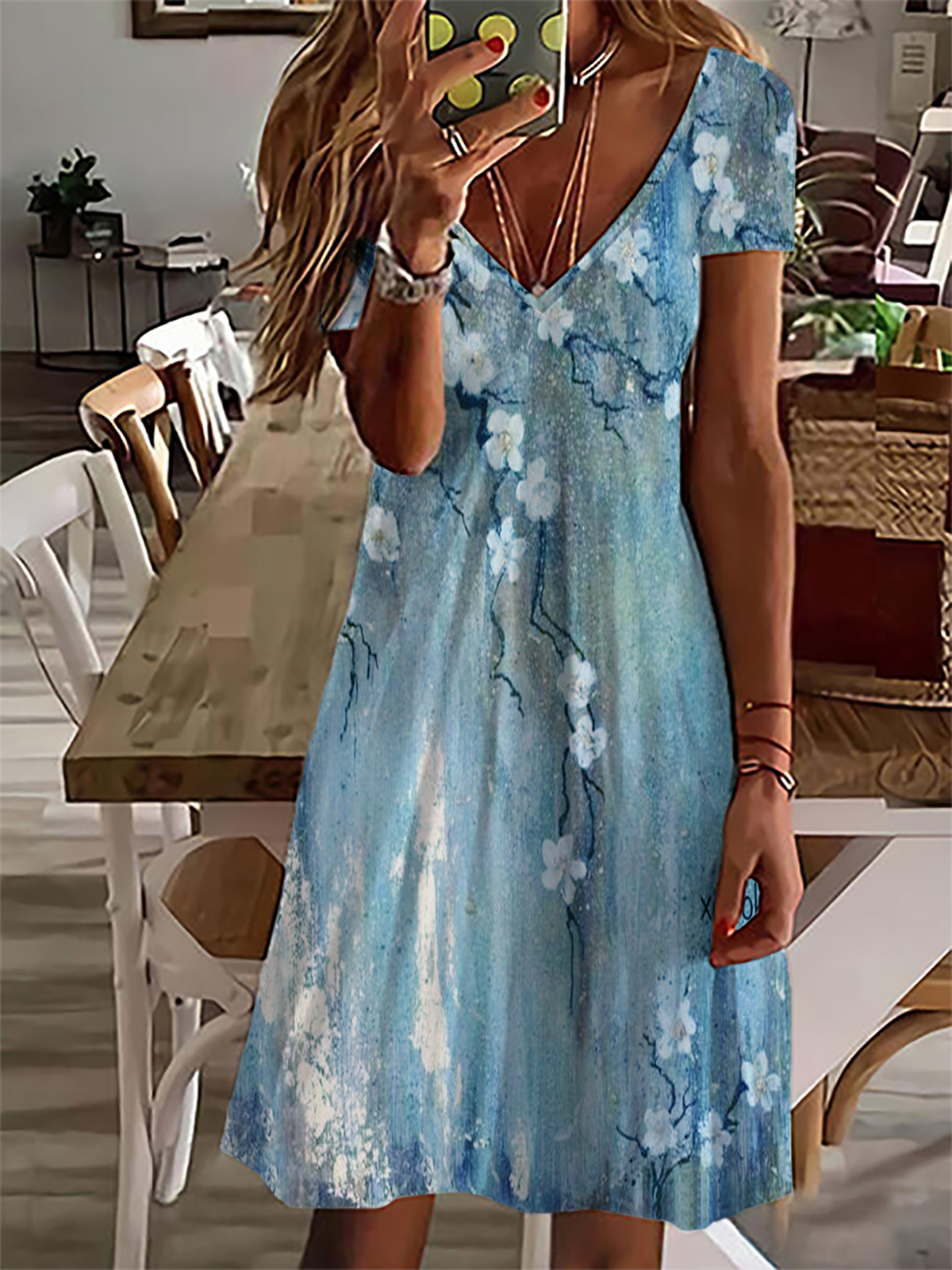 Robe Été Printemps Ample Col V Manches Courtes pour Femmes