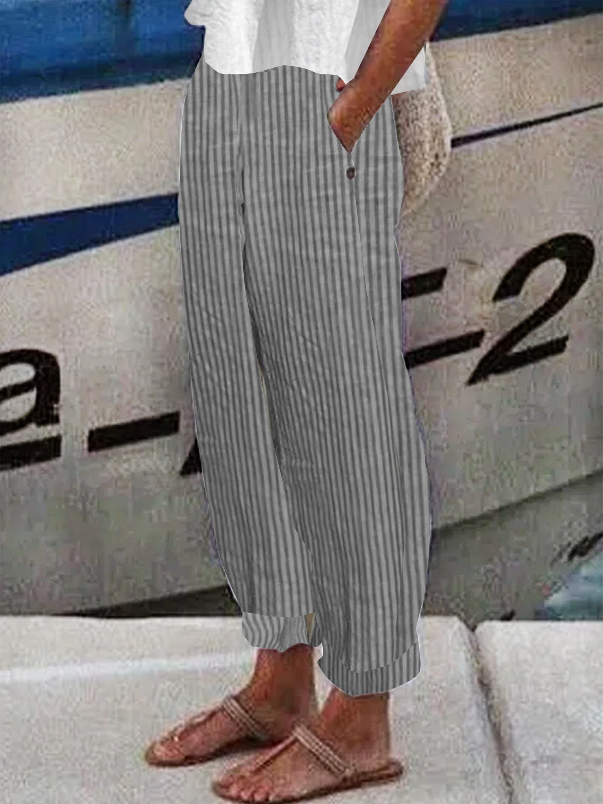 Pantalons Femmes Toutes Les Saisons en Lin Classique Géométrie Boutonné Ample Bande Élastique Polyester Coton Pantalon navet Régulier
