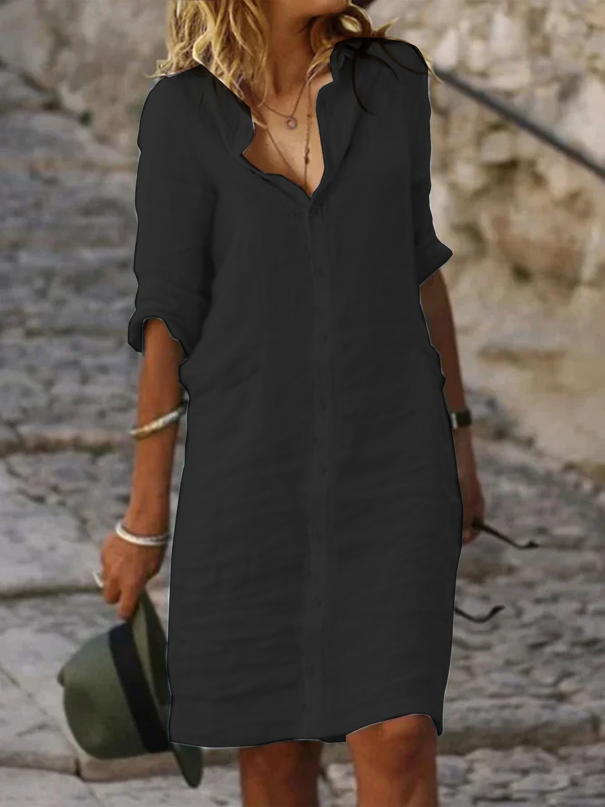 Robes Femmes Plain Été en Lin Boutonné Quotidien Court Coton T.-N.-L. Non