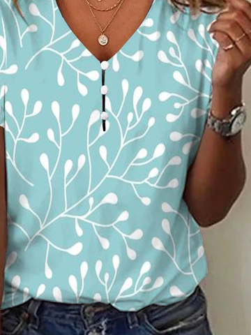 Chemises Femmes Décontracté Été Feuille Col V Boutonné Ample Meilleure vente Manches Courtes RS