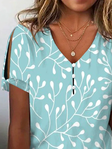 Chemises Femmes Décontracté Été Feuille Col V Boutonné Ample Meilleure vente Manches Courtes RS