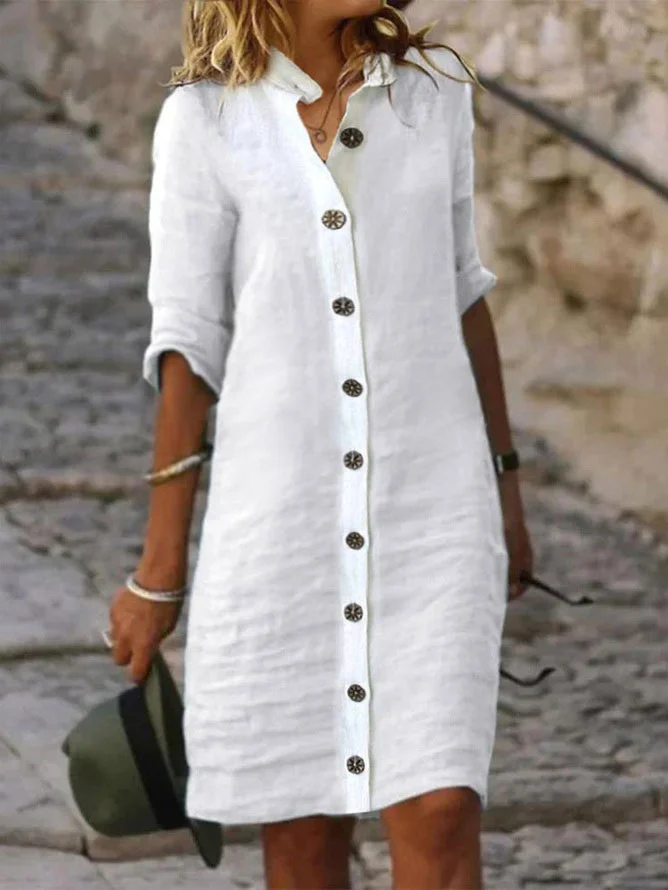 Robes Décontracté Plain Printemps / Automne Ample Mi-longue Boutons Manches 3/4 Régulier Robe Chemise pour Femmes