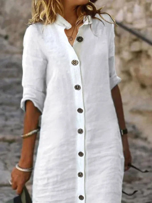 Robes Décontracté Plain Printemps / Automne Ample Mi-longue Boutons Manches 3/4 Régulier Robe Chemise pour Femmes