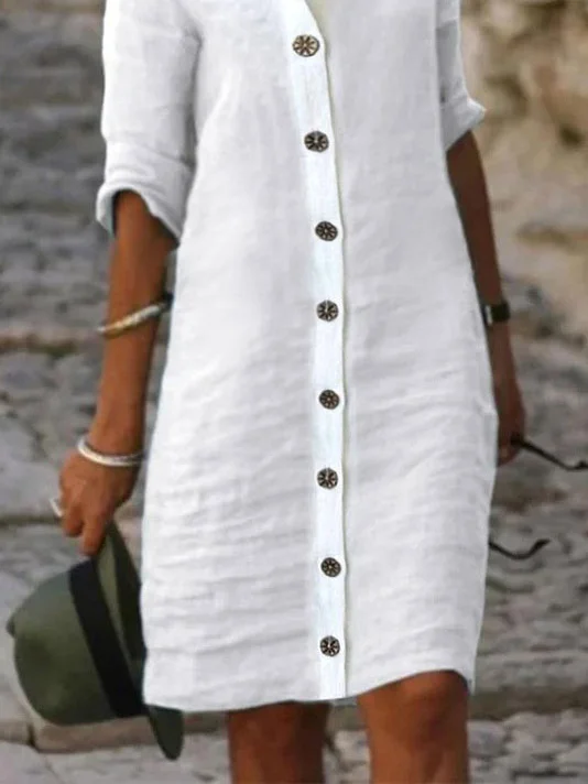 Robes Décontracté Plain Printemps / Automne Ample Mi-longue Boutons Manches 3/4 Régulier Robe Chemise pour Femmes