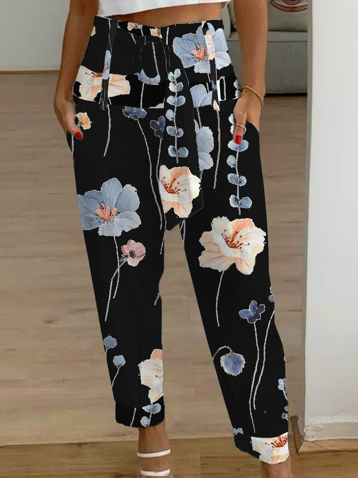 Cargo Pantalons Femmes Décontracté Floral Toutes Les Saisons Naturel Ample Cargo Pantalons Droit Régulier RS