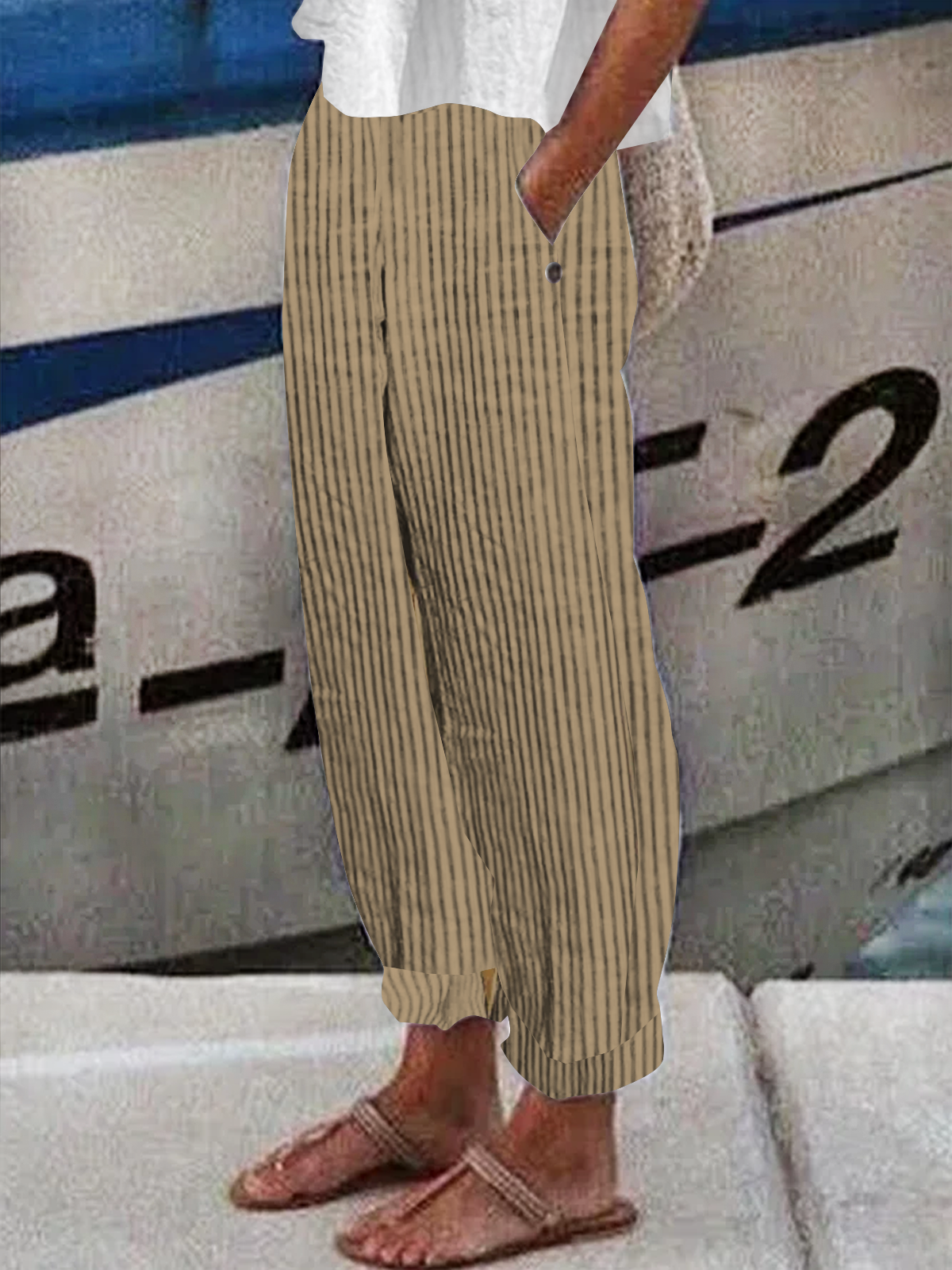 Pantalons Femmes Toutes Les Saisons en Lin Classique Géométrie Boutonné Ample Bande Élastique Polyester Coton Pantalon navet Régulier