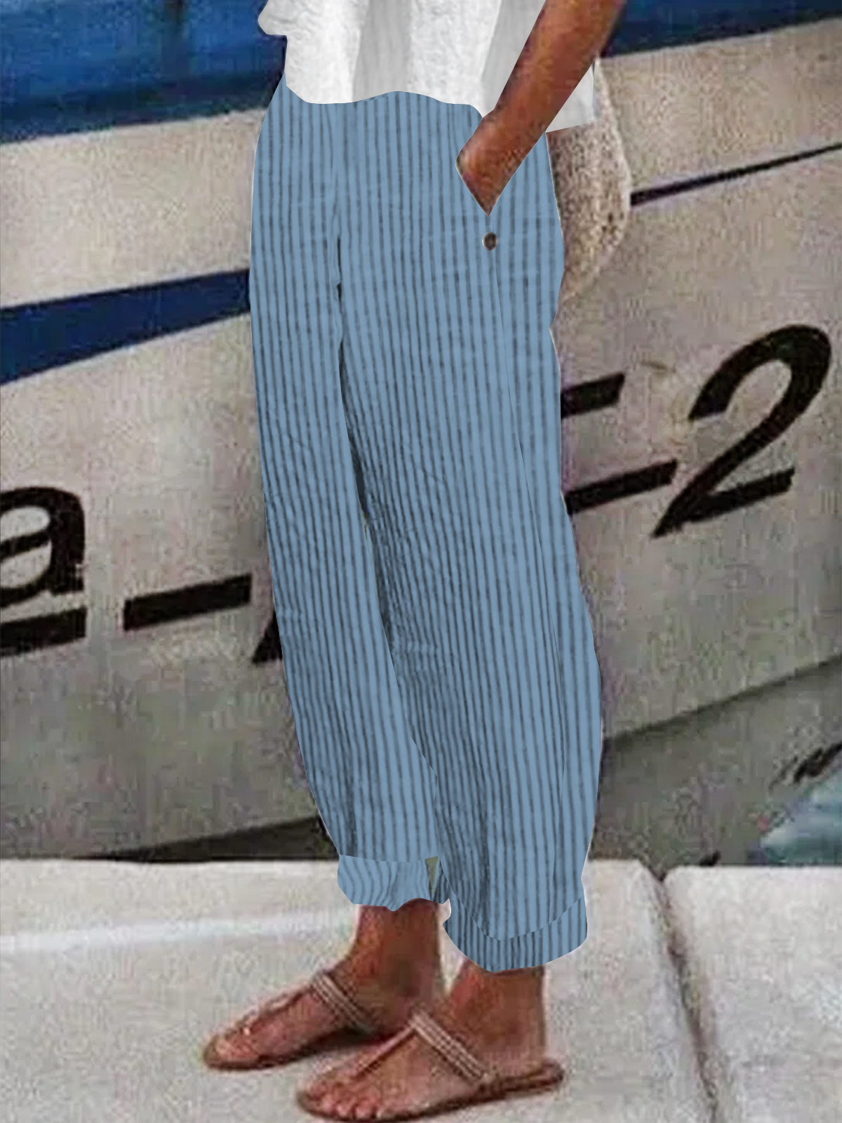Pantalons Femmes Toutes Les Saisons en Lin Classique Géométrie Boutonné Ample Bande Élastique Polyester Coton Pantalon navet Régulier