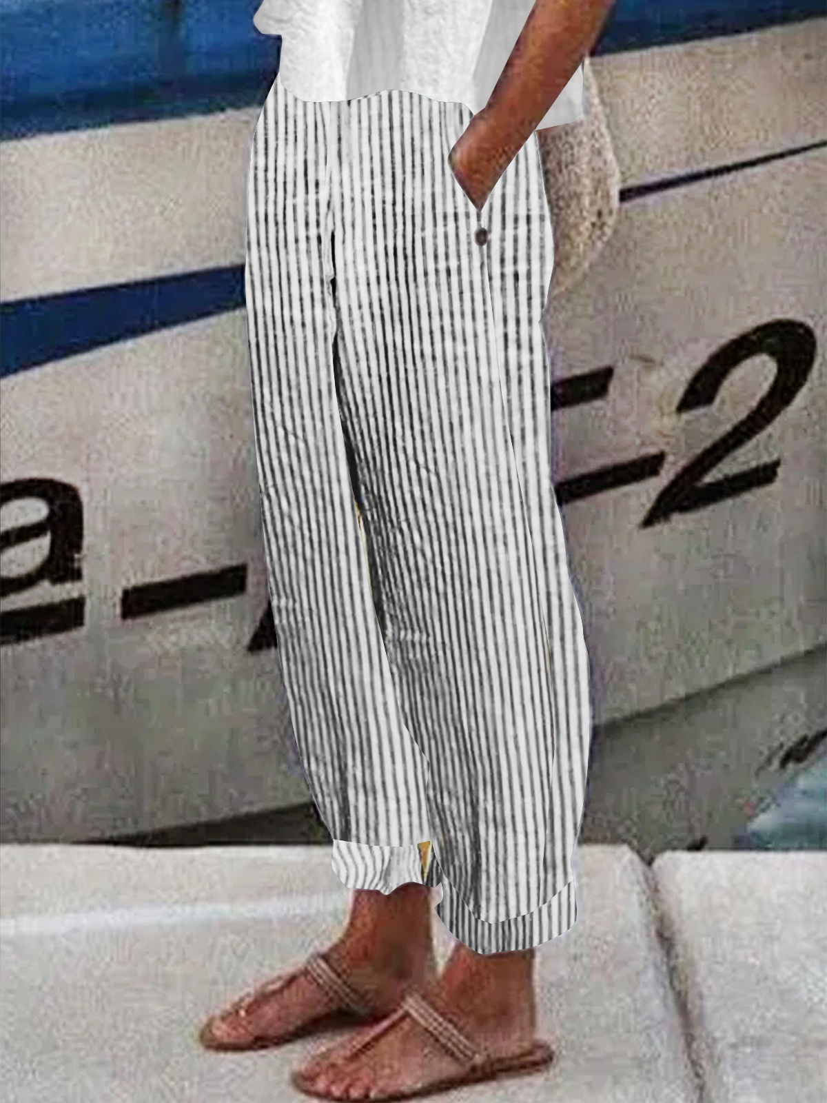 Pantalons Femmes Toutes Les Saisons en Lin Classique Géométrie Boutonné Ample Bande Élastique Polyester Coton Pantalon navet Régulier