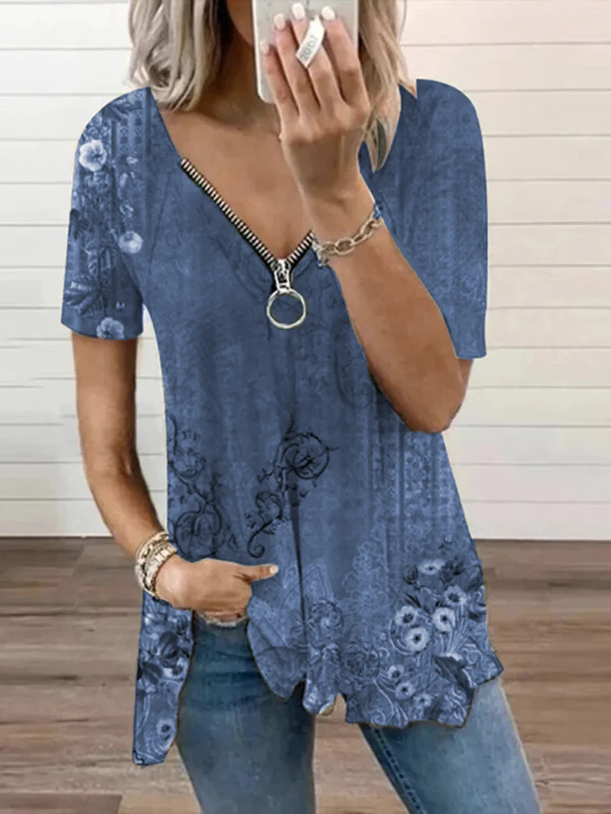 Chemises Femmes Décontracté Floral Été Col V Zip Micro-élasticité Ample Jersey RS