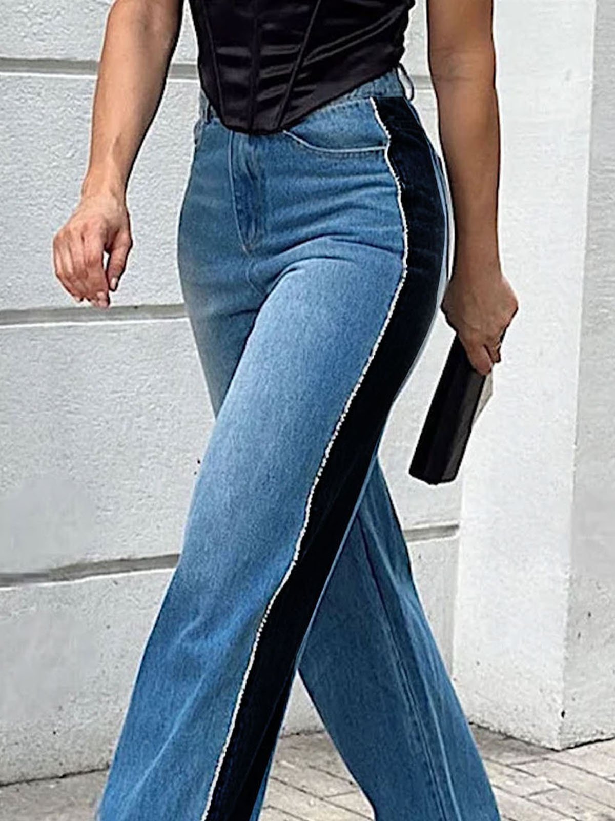 Jeans Bloc de Couleur Toutes Les Saisons Urbain Quotidien Taille Moyenne Pantalon droit Toile de Jean Long Droit pour Femmes