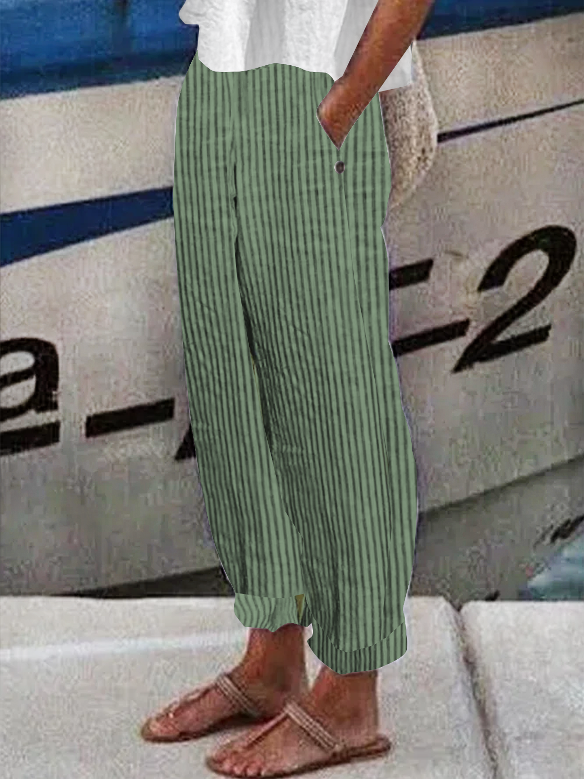 Pantalons Femmes Toutes Les Saisons en Lin Classique Géométrie Boutonné Ample Bande Élastique Polyester Coton Pantalon navet Régulier