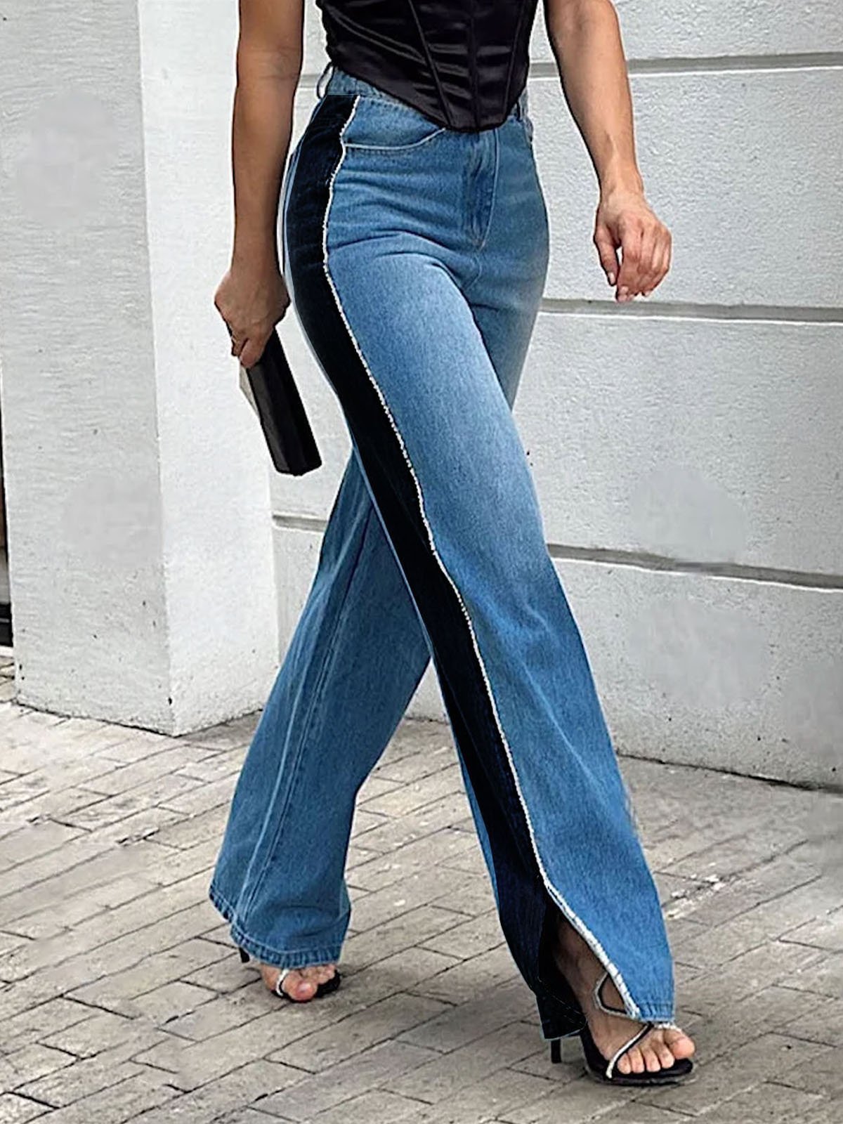 Jeans Bloc de Couleur Toutes Les Saisons Urbain Quotidien Taille Moyenne Pantalon droit Toile de Jean Long Droit pour Femmes