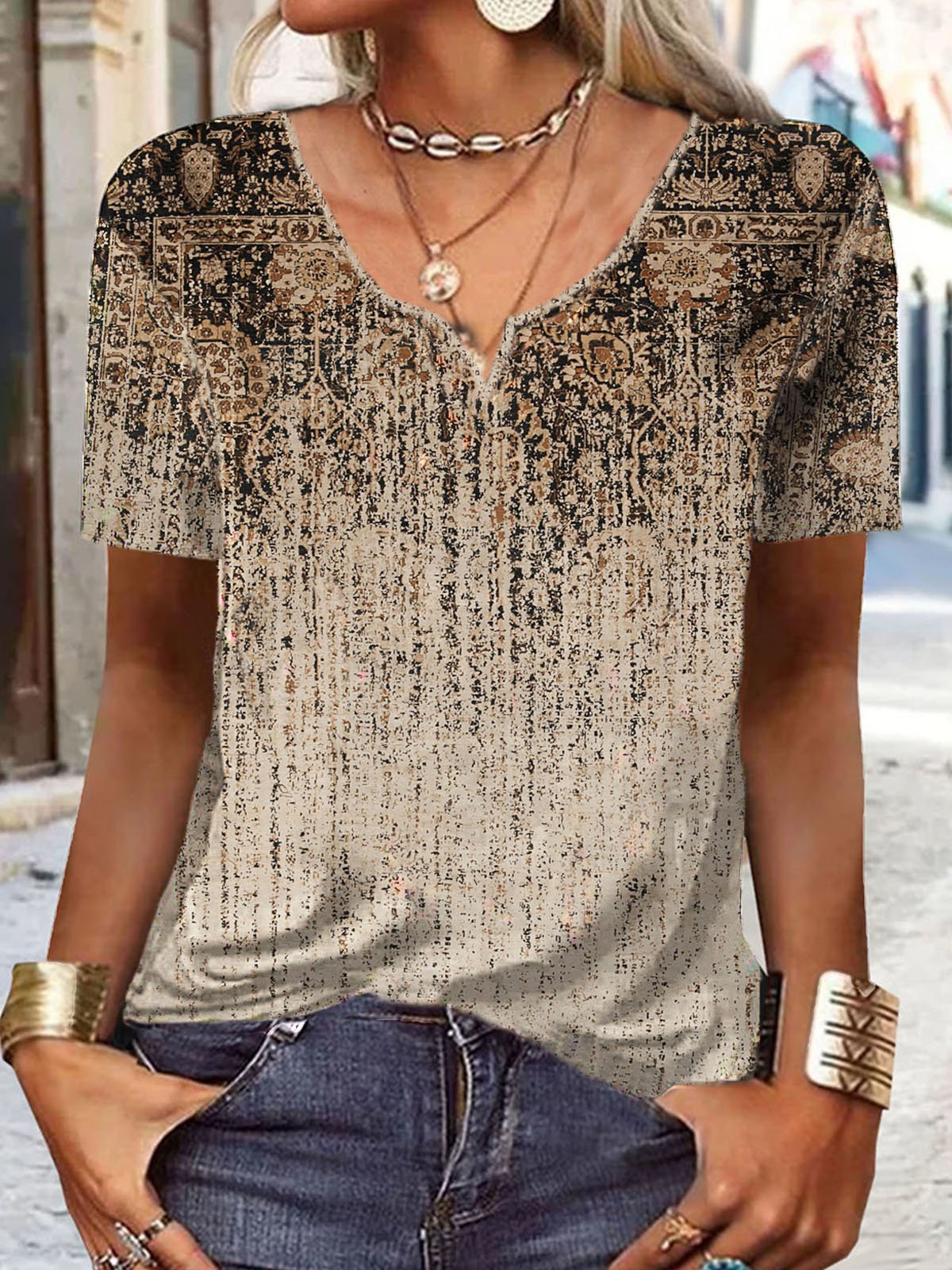 T-shirts Femmes Décontracté Ethnique Été Jersey Meilleure vente Manches Courtes Régulier Droit RS