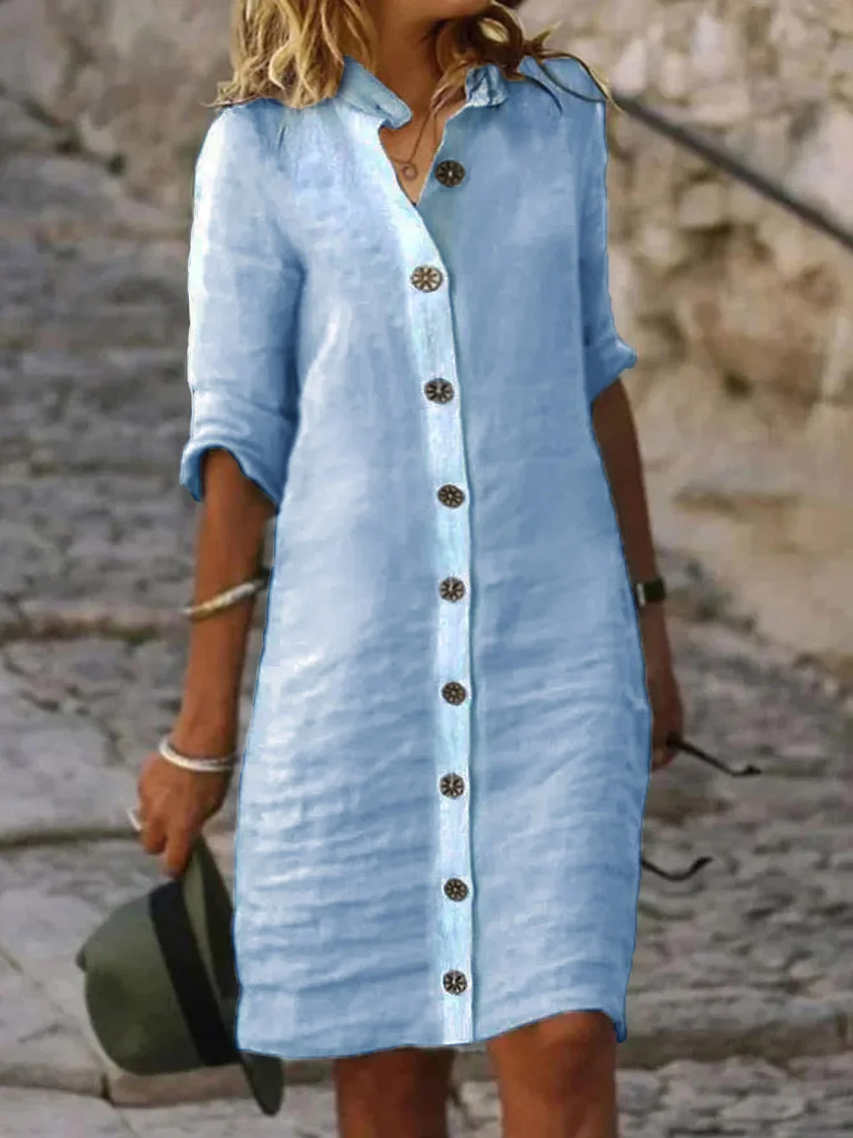 Robes Décontracté Plain Printemps / Automne Ample Mi-longue Boutons Manches 3/4 Régulier Robe Chemise pour Femmes