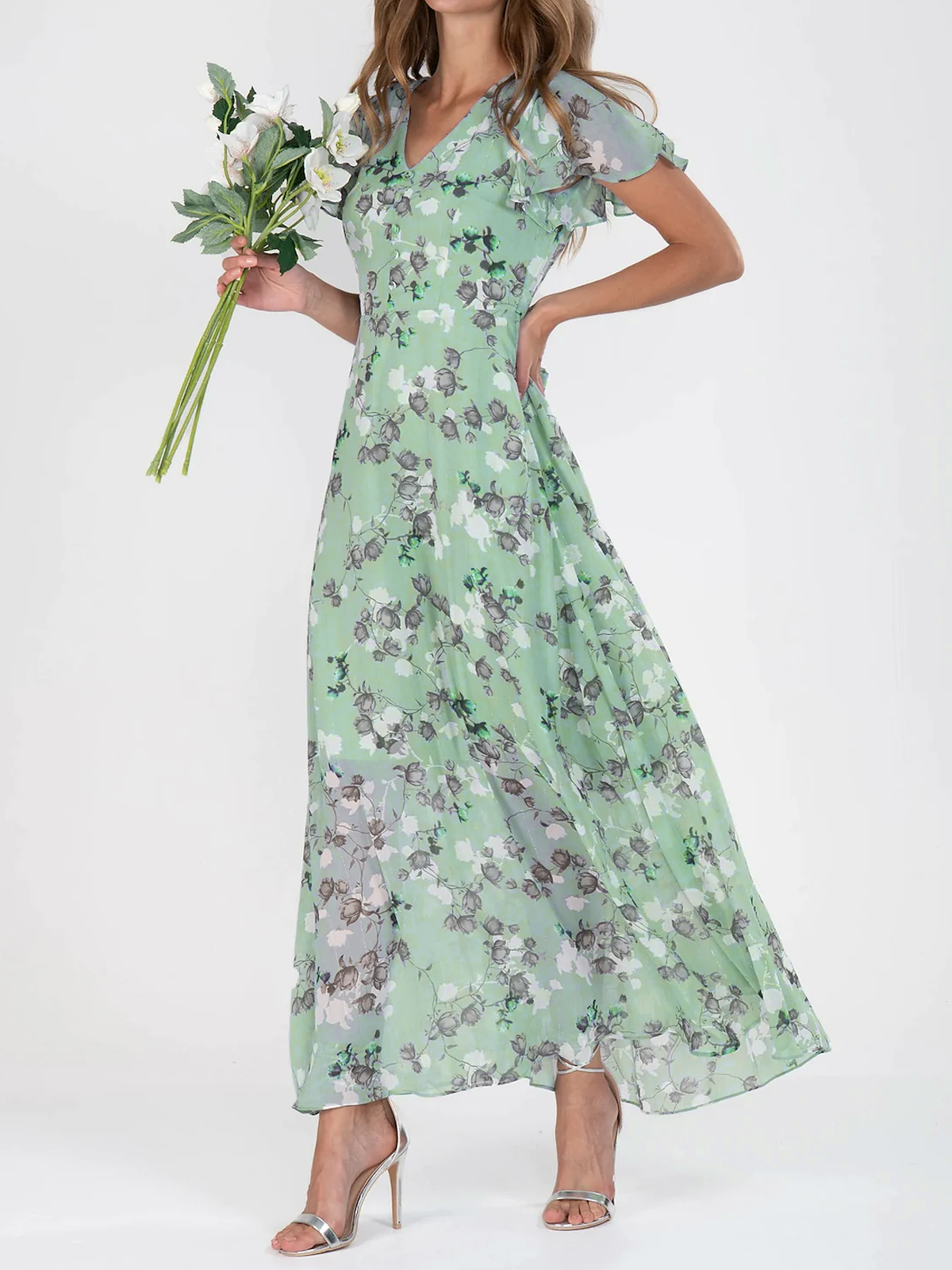Robe Longue Femme Imprimé Floral - Col V, Manches Courtes - Style Boho Décontracté Avec Poches