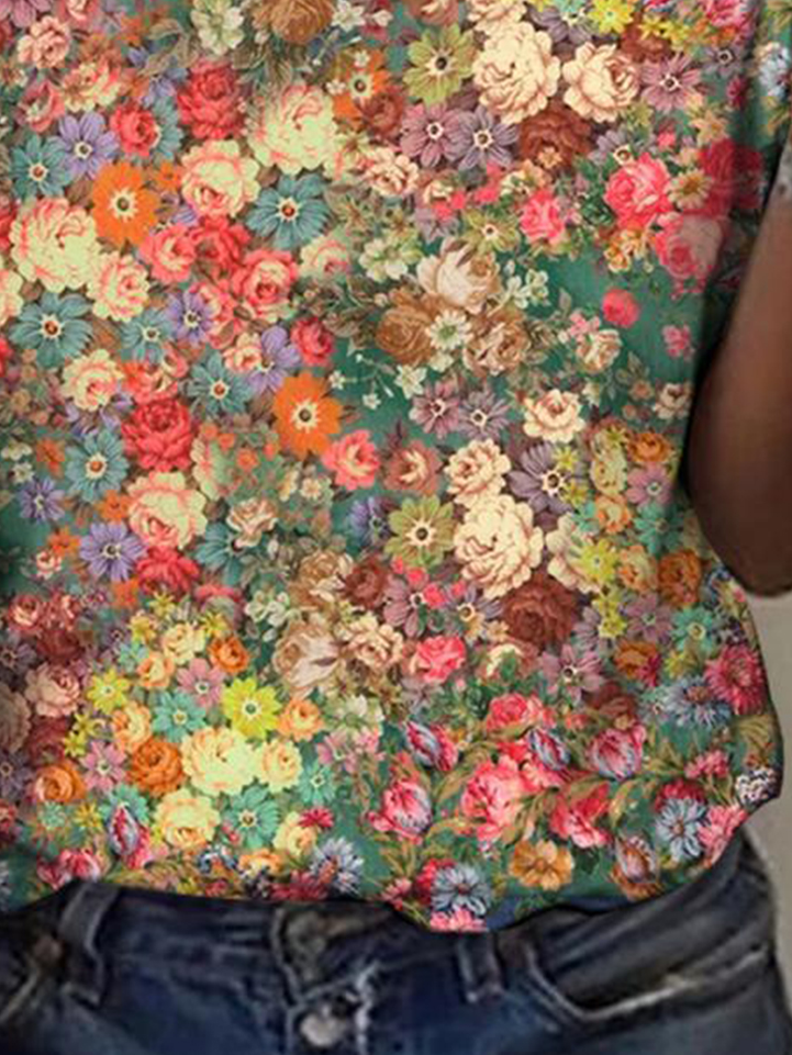 T-shirts Décontracté Été Floral Motif Aucune élasticité Quotidien Ample Manches Courtes Entaillé Droit pour Femmes