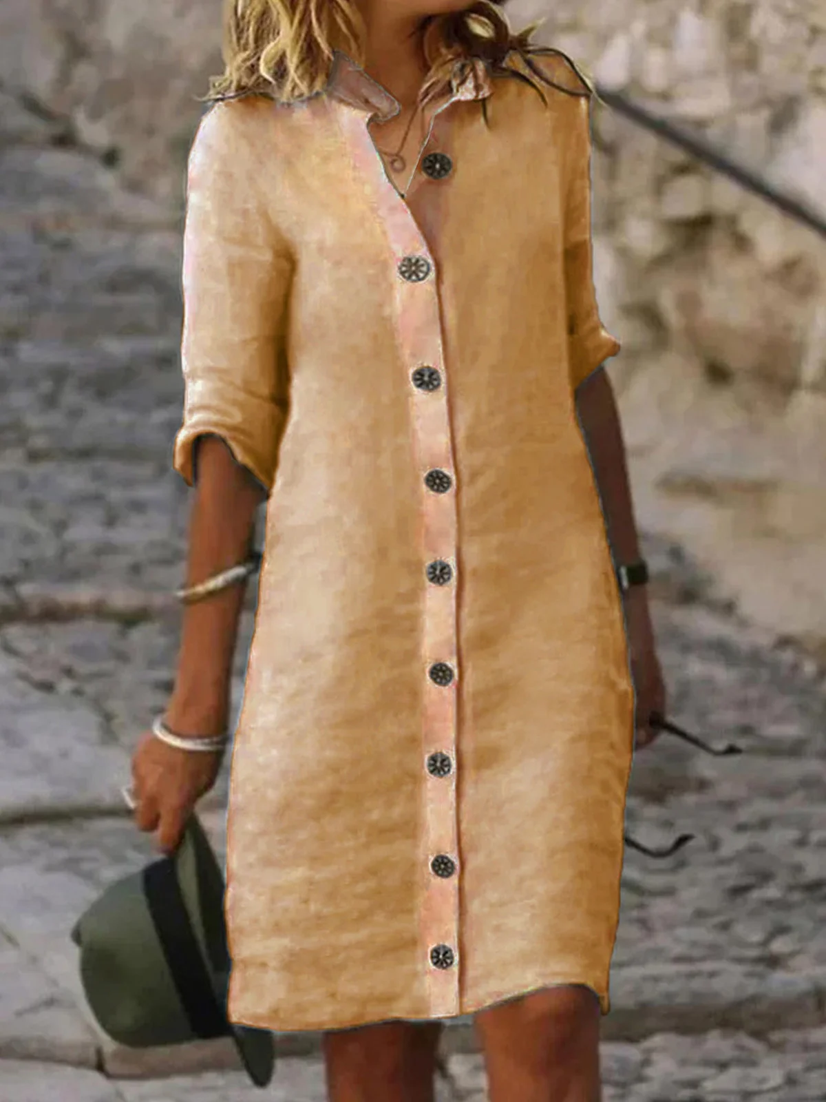 Robes Décontracté Plain Printemps / Automne Ample Mi-longue Boutons Manches 3/4 Régulier Robe Chemise pour Femmes