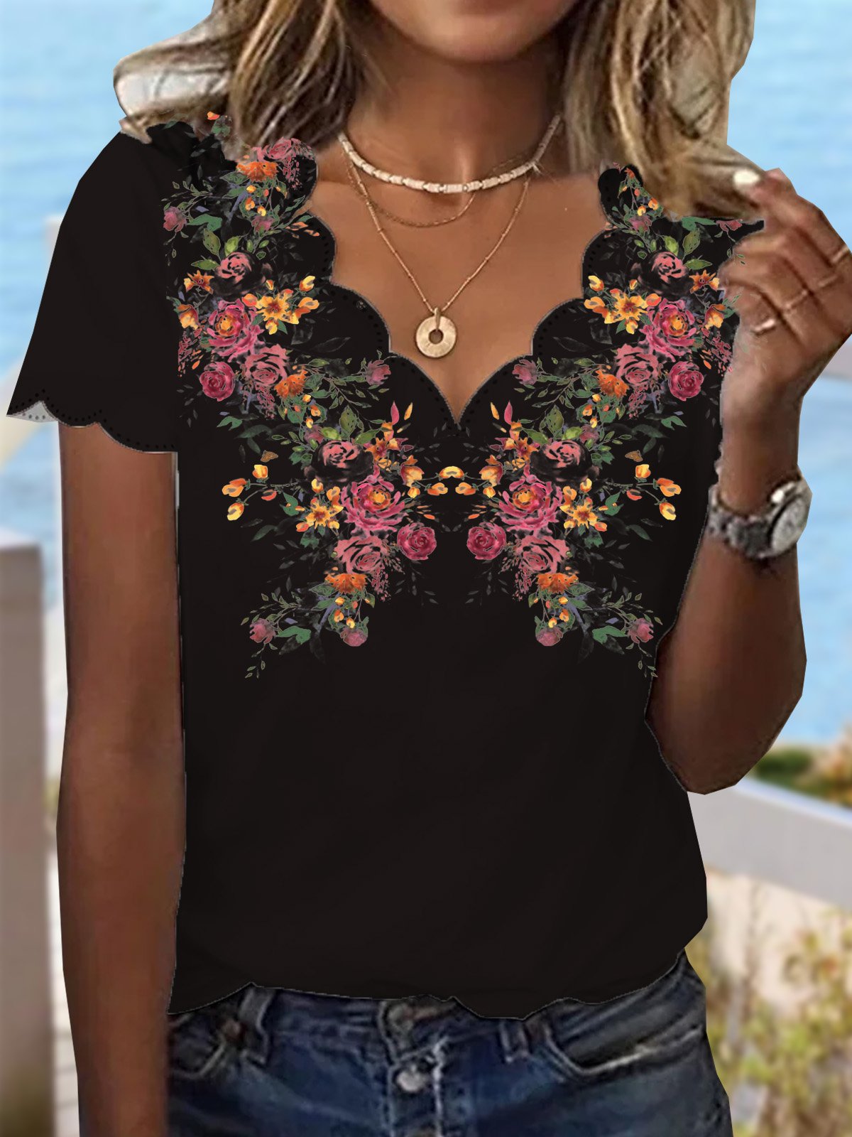 Chemises Femmes Décontracté Floral Été Évidée de Fleurs Vacances Régulier Régulier Dentelle Collier RS