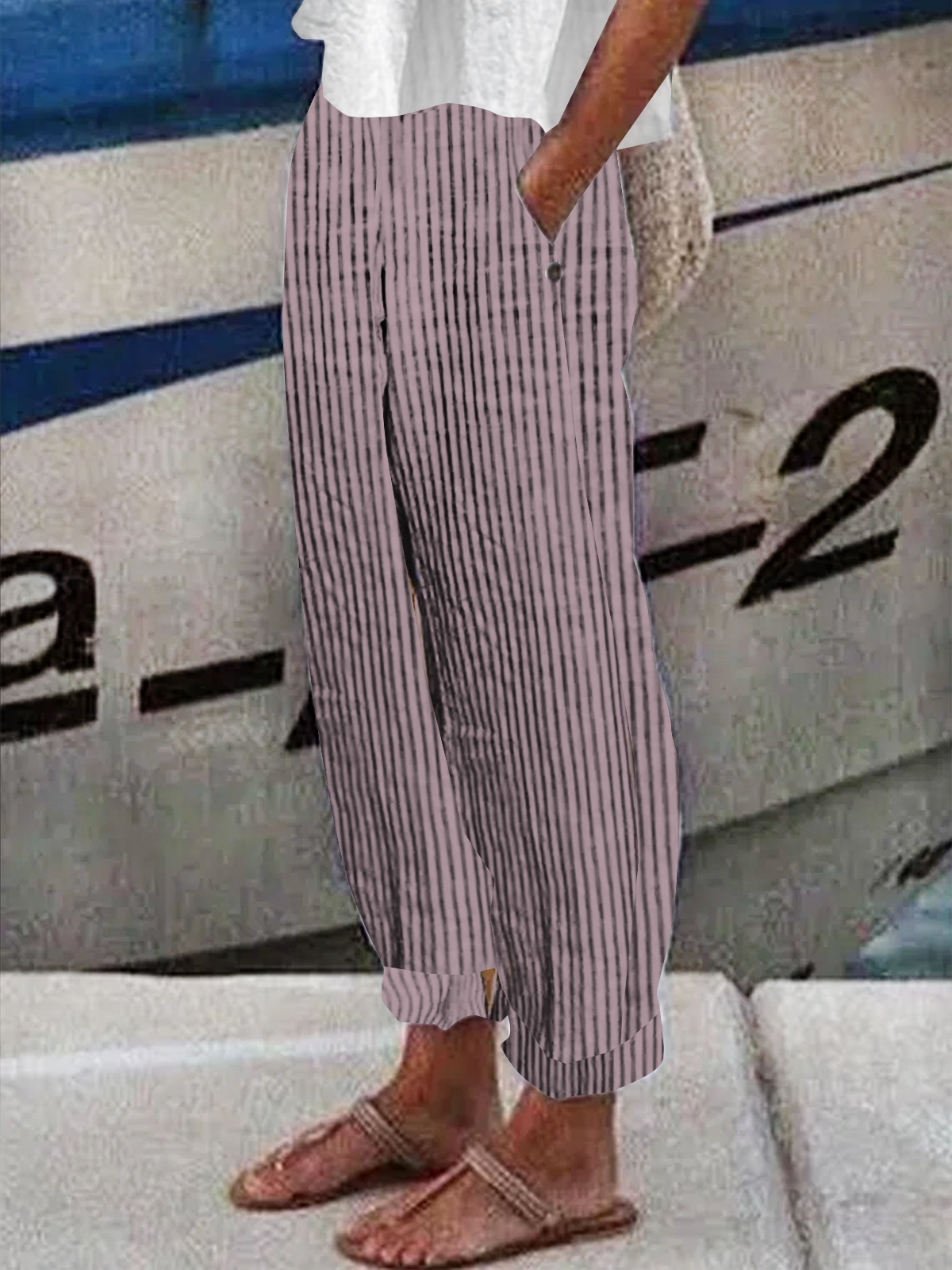Pantalons Femmes Toutes Les Saisons en Lin Classique Géométrie Boutonné Ample Bande Élastique Polyester Coton Pantalon navet Régulier