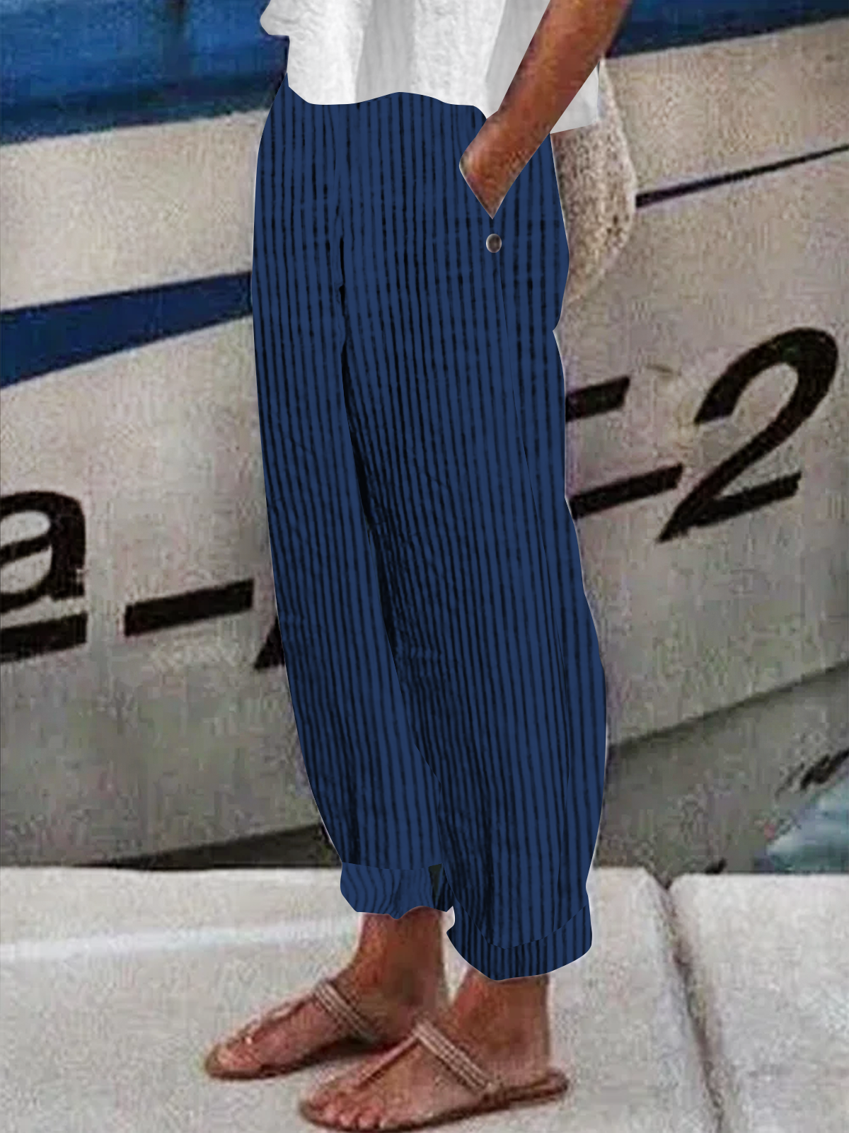 Pantalons Femmes Toutes Les Saisons en Lin Classique Géométrie Boutonné Ample Bande Élastique Polyester Coton Pantalon navet Régulier