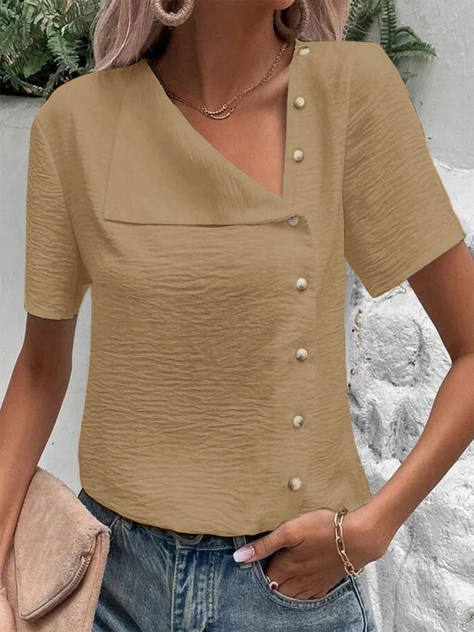 Blouses Femmes Décontracté Plain Été Polyester Manches Courtes Régulier Droit Boucle Régulier