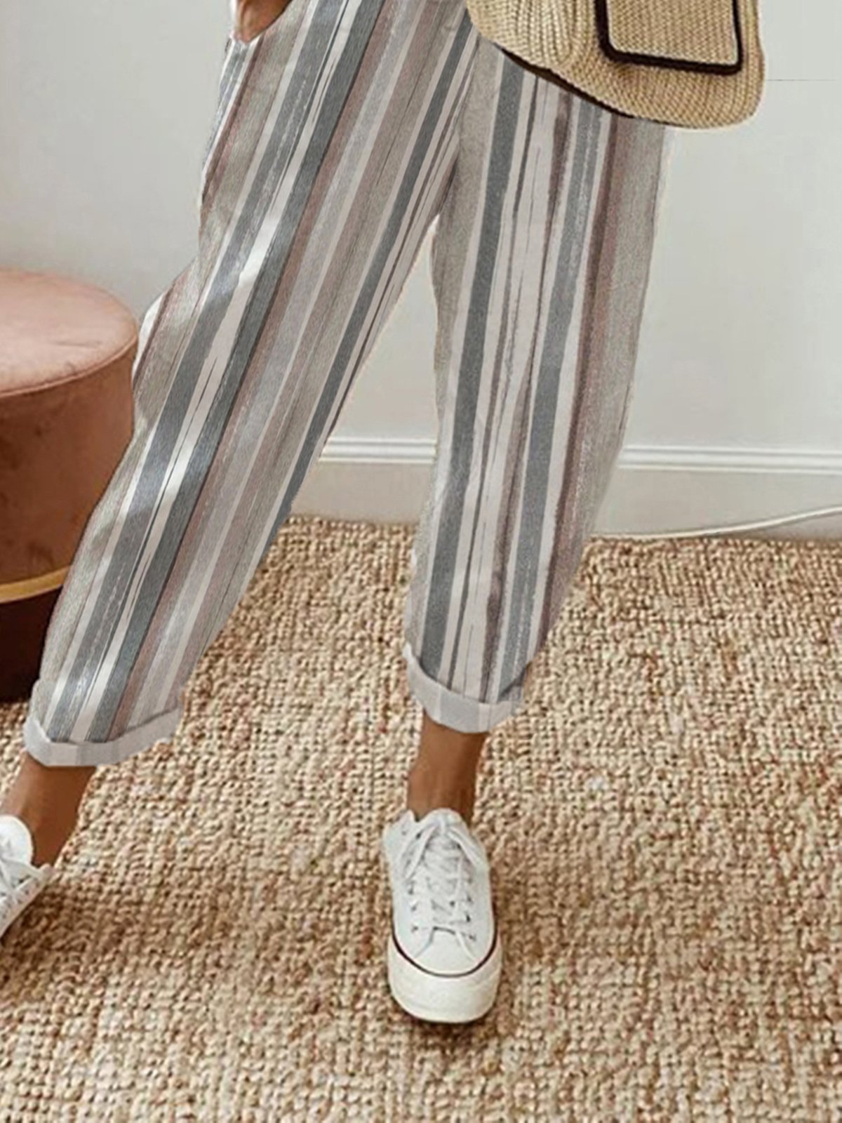 Pantalons Femmes Rayé Décontracté Toutes Les Saisons Polyester Naturel Aucune élasticité Quotidien Long Droit