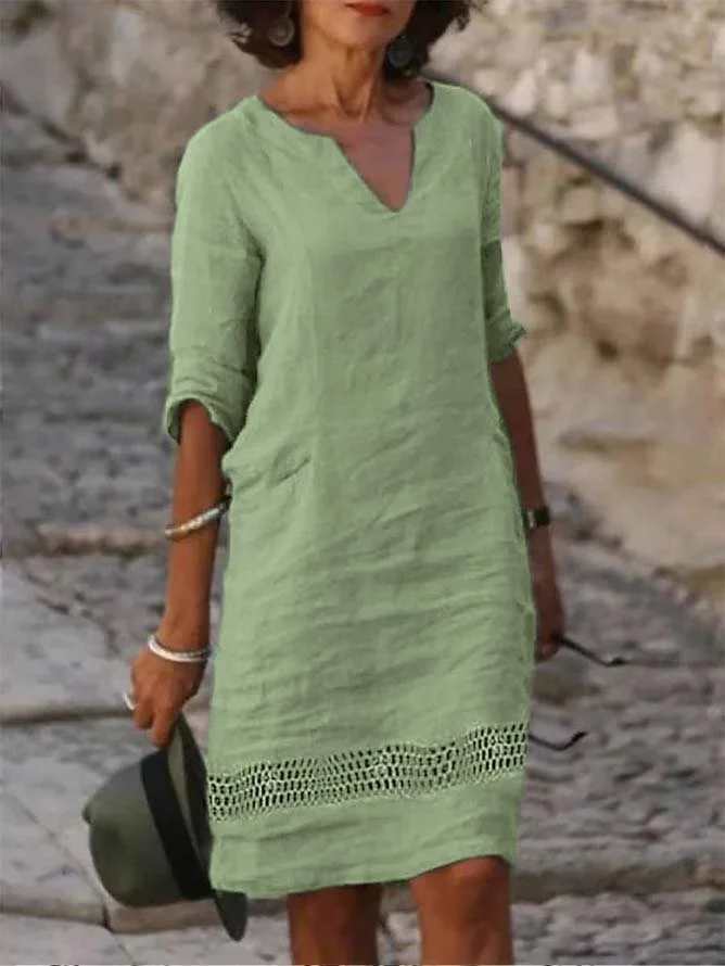 Robes Femmes Plain Été en Lin Naturel Ample Entaillé Trapèze Régulier Non