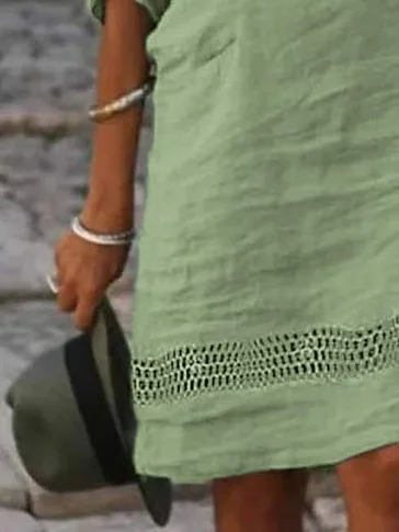 Robes Femmes Plain Été en Lin Naturel Ample Entaillé Trapèze Régulier Non