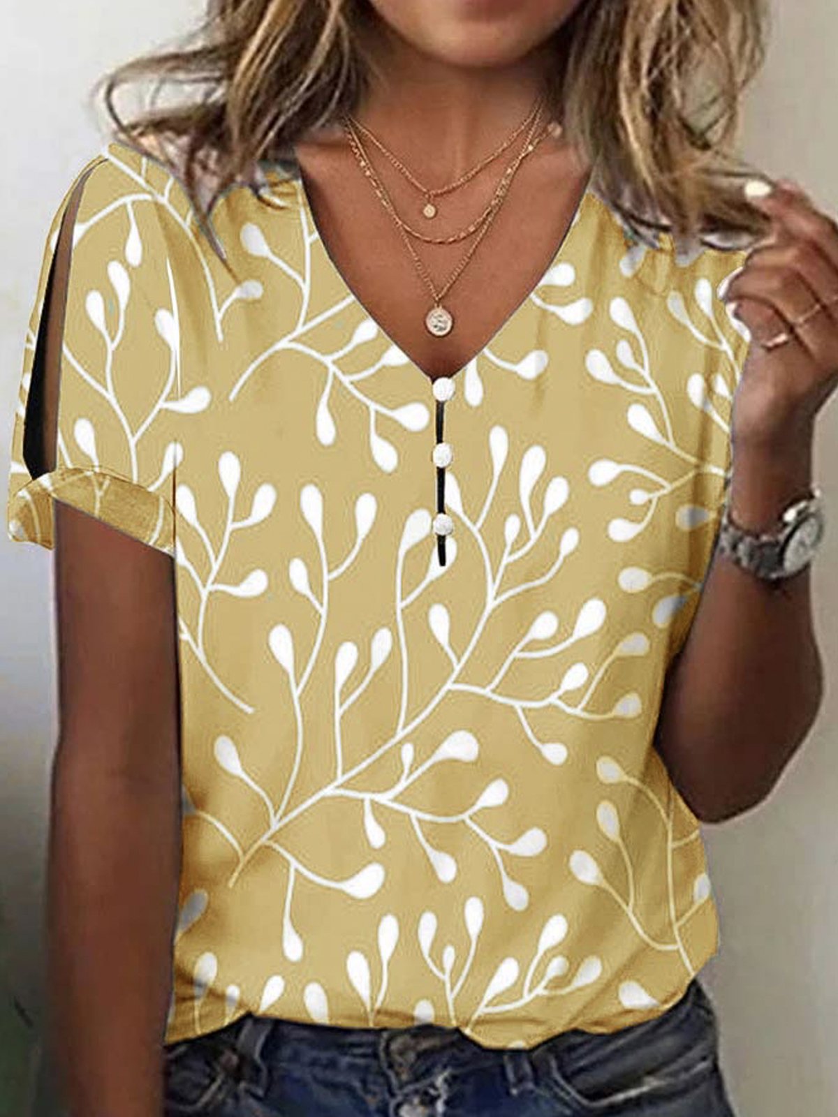 Chemises Femmes Décontracté Été Feuille Col V Boutonné Ample Meilleure vente Manches Courtes RS