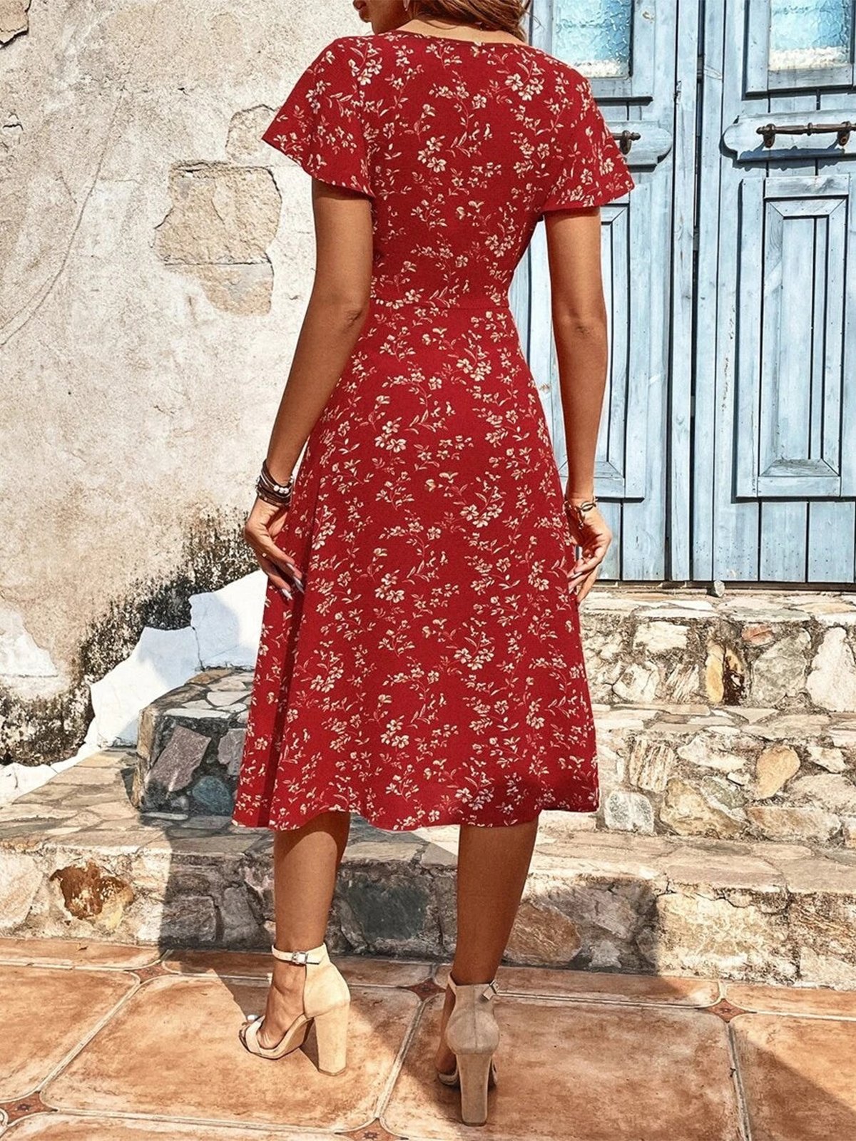 Robes Floral Été Élégant Polyester Micro-élasticité Manches Courtes Ligne X Non ré pour Femmes