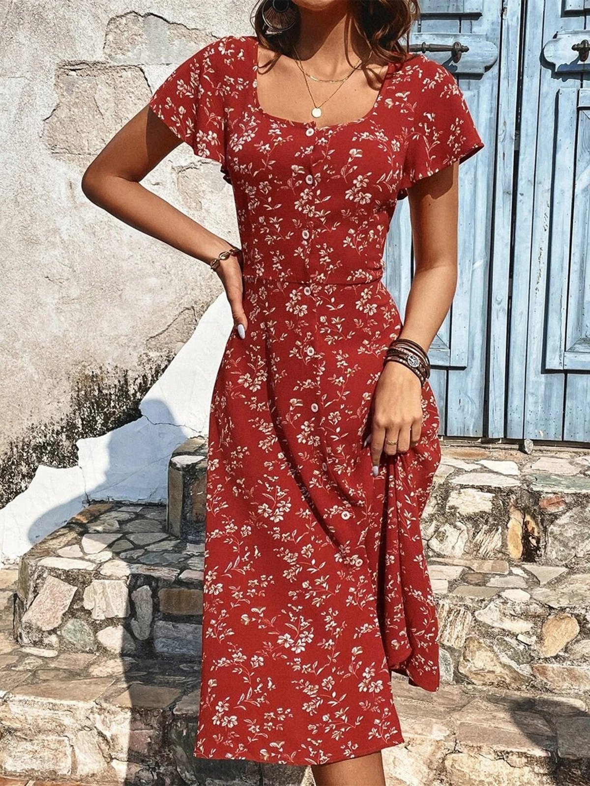 Robes Floral Été Élégant Polyester Micro-élasticité Manches Courtes Ligne X Non ré pour Femmes