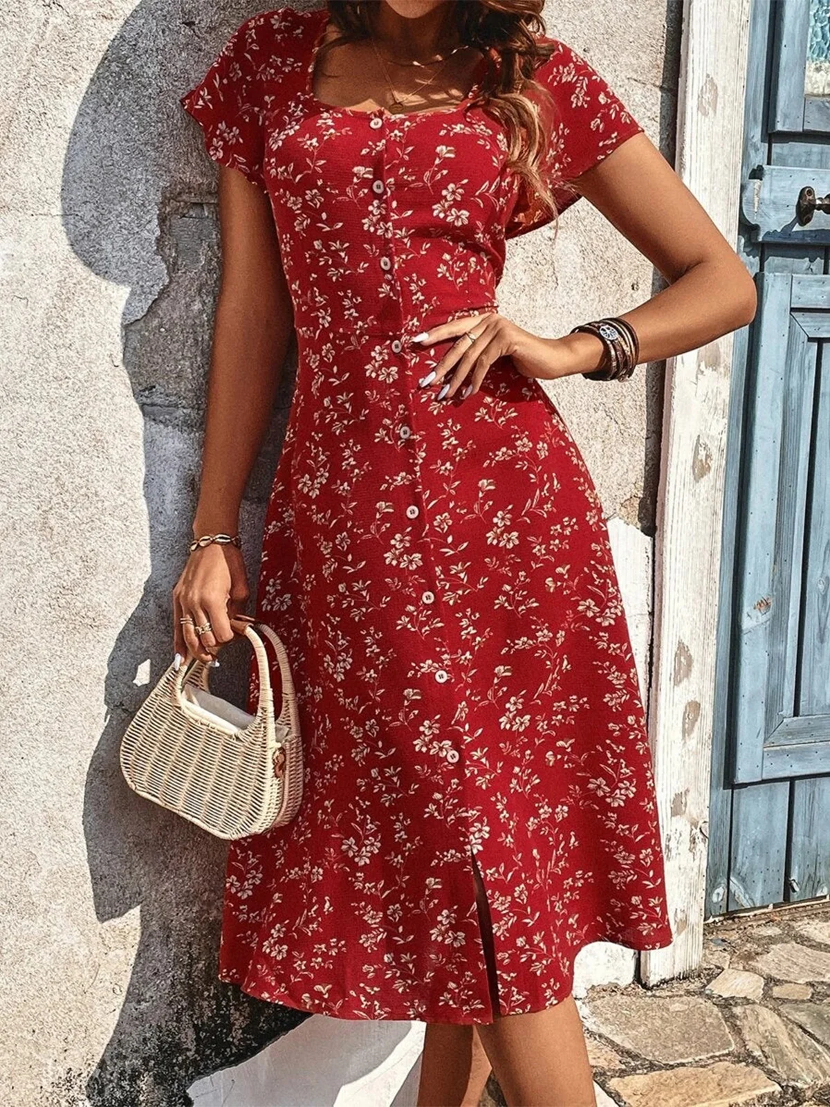 Robes Floral Été Élégant Polyester Micro-élasticité Manches Courtes Ligne X Non ré pour Femmes
