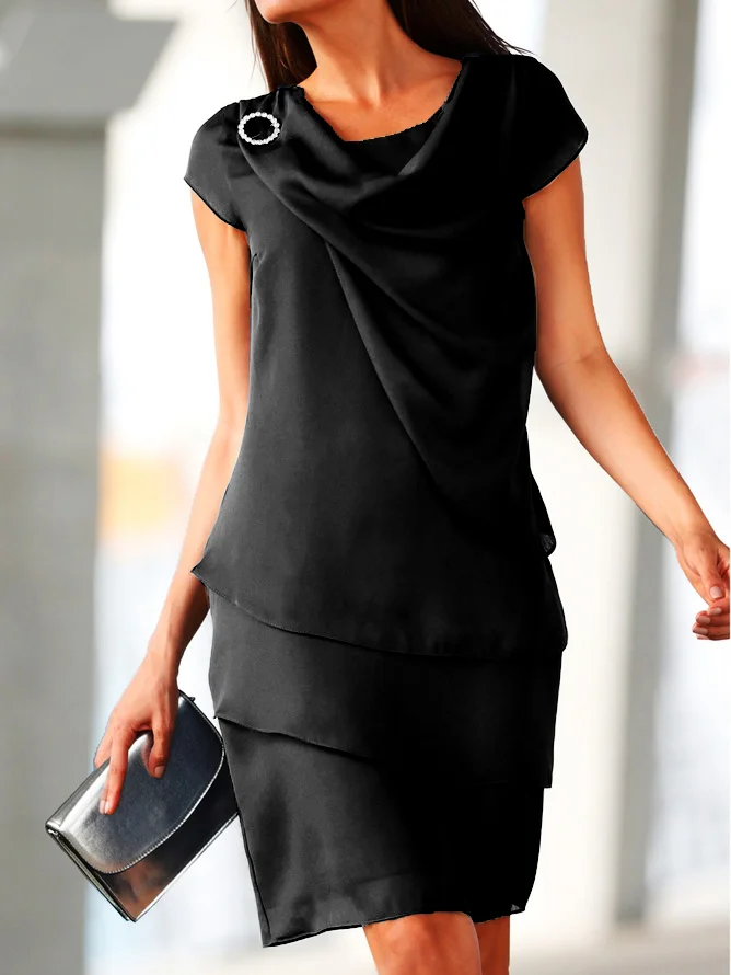 Robe à Volants Décontracté Plain Été Polyester Court Mancheron Boucle Droit Non pour Femmes