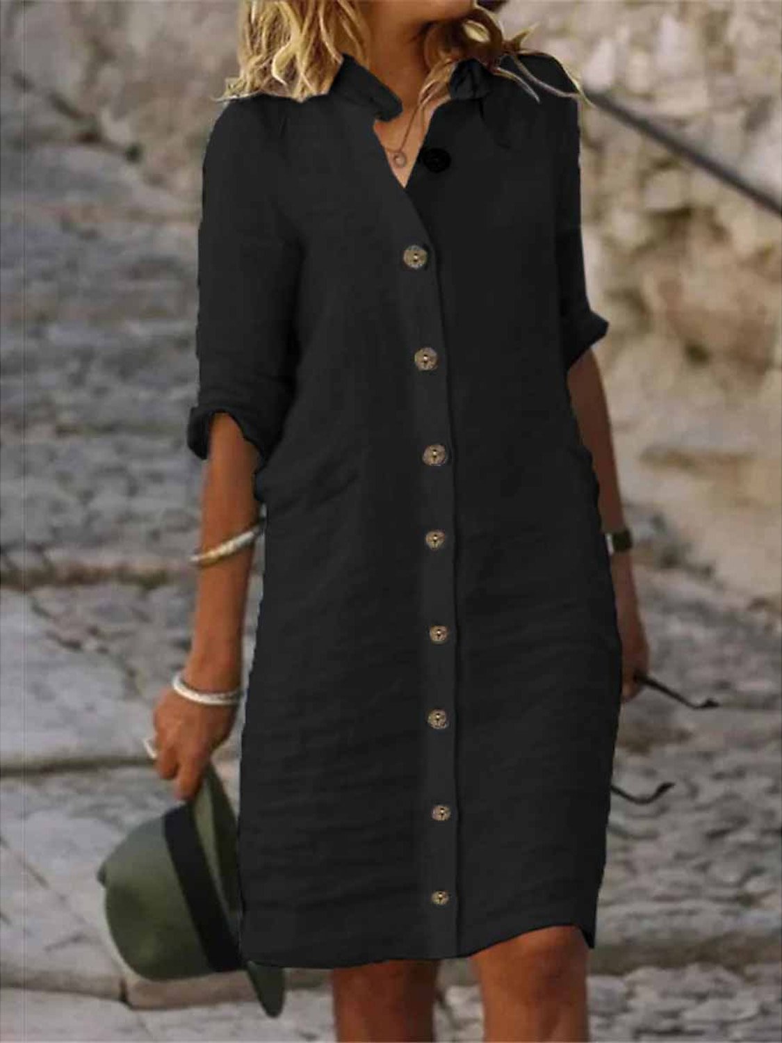 Robes Décontracté Plain Printemps / Automne Ample Mi-longue Boutons Manches 3/4 Régulier Robe Chemise pour Femmes