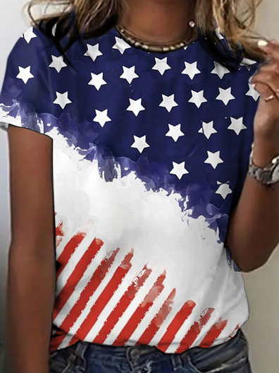 T-shirts Décontracté Été Drapeau des États-Unis Aucune élasticité Quotidien Manches Courtes Col Rond Régulier Droit pour Femmes