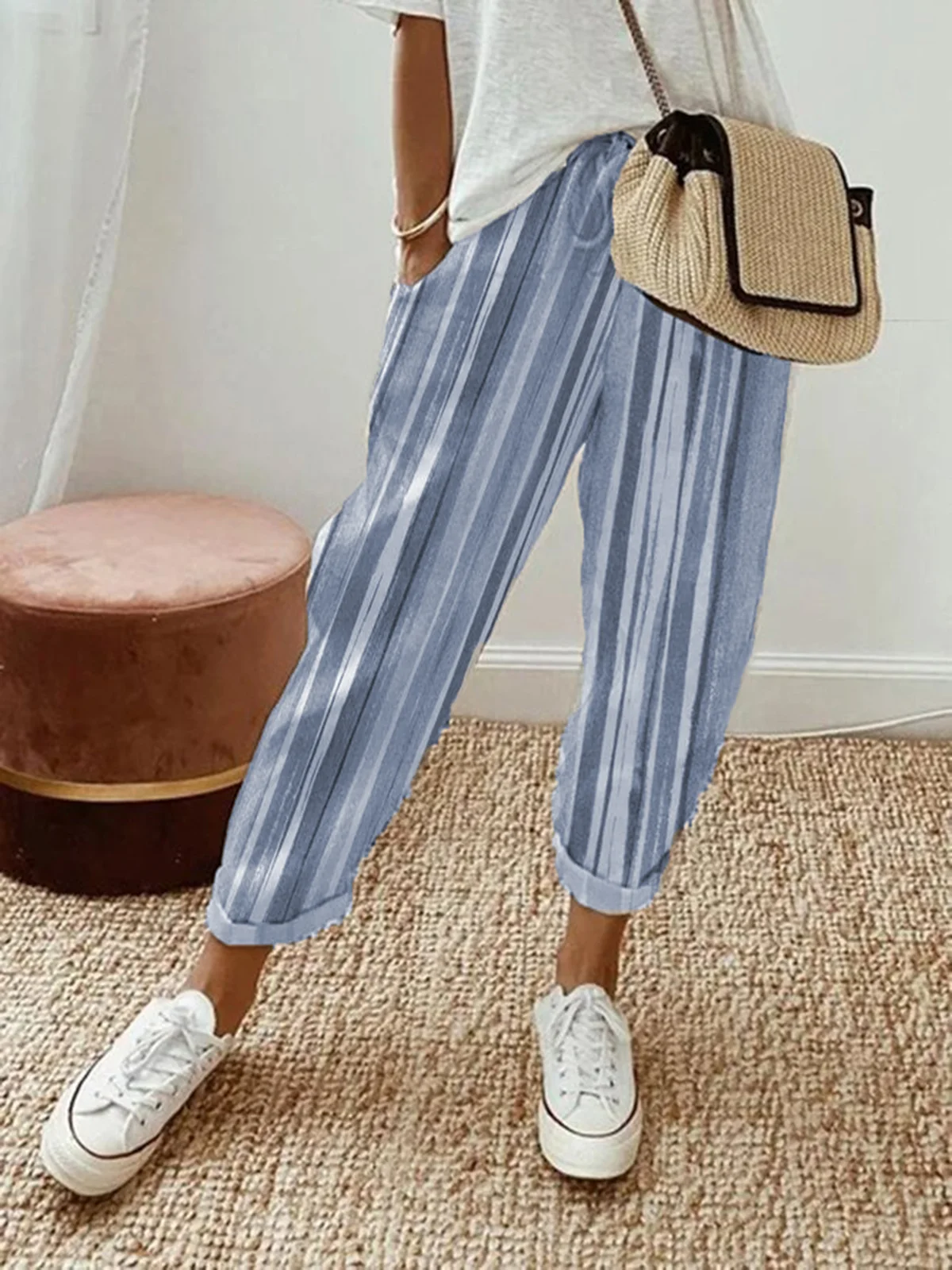 Pantalons Femmes Rayé Décontracté Toutes Les Saisons Polyester Naturel Aucune élasticité Quotidien Long Droit
