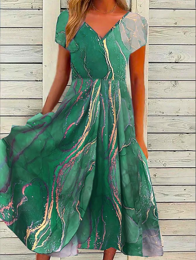 Robes Femmes Décontracté Abstrait Été Polyester Col V Vacances Maxi Meilleure vente Manches Courtes