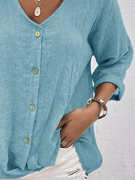Blouses Femmes Plain Printemps / Automne en Lin Col V Aucune élasticité Ample Manches 3/4 Droit Régulier