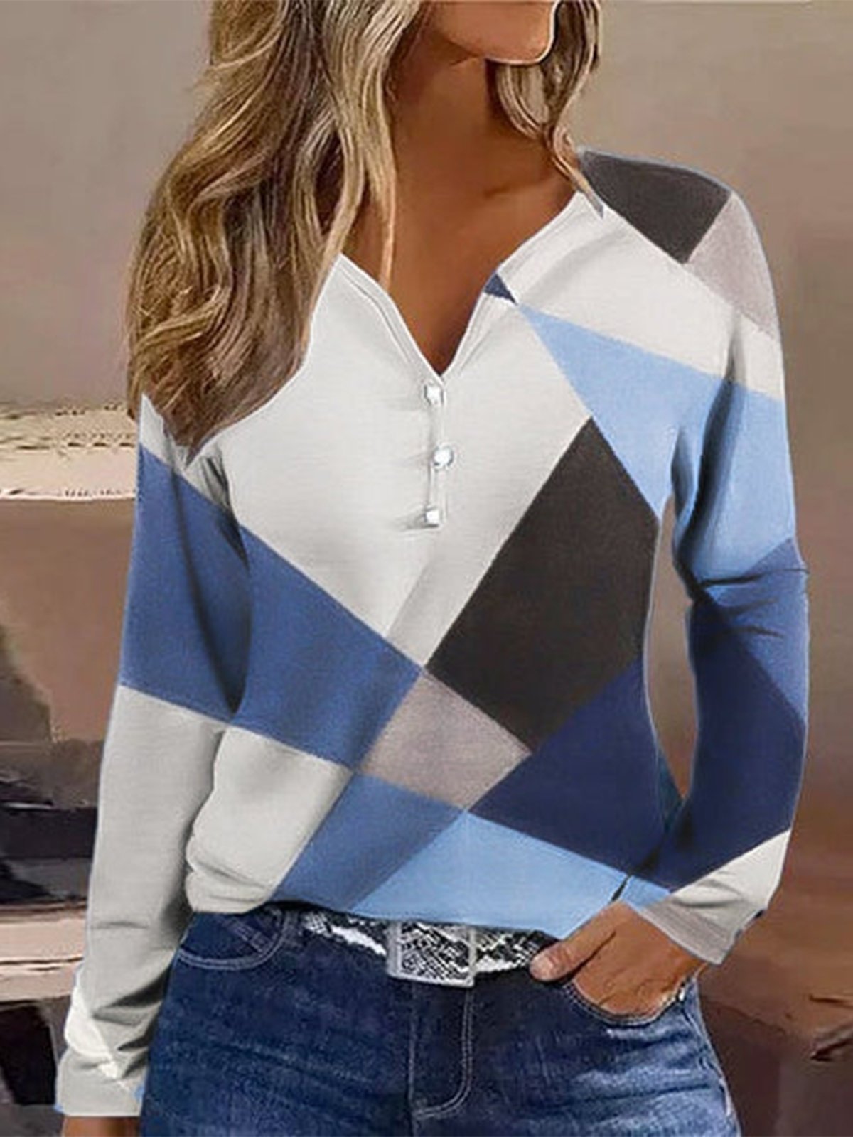 T-shirts Géométrique Décontracté Printemps / Automne Quotidien Manches Longues Col Rond Régulier Droit T.-N.-L. pour Femmes