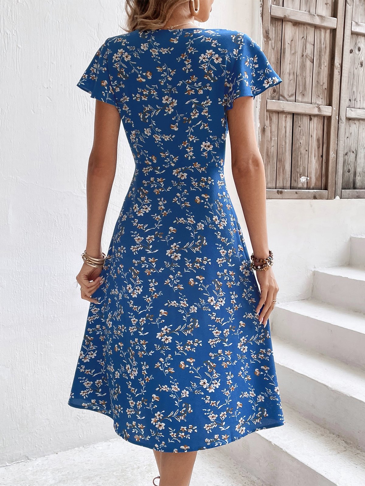 Robes Floral Été Élégant Polyester Micro-élasticité Manches Courtes Ligne X Non ré pour Femmes
