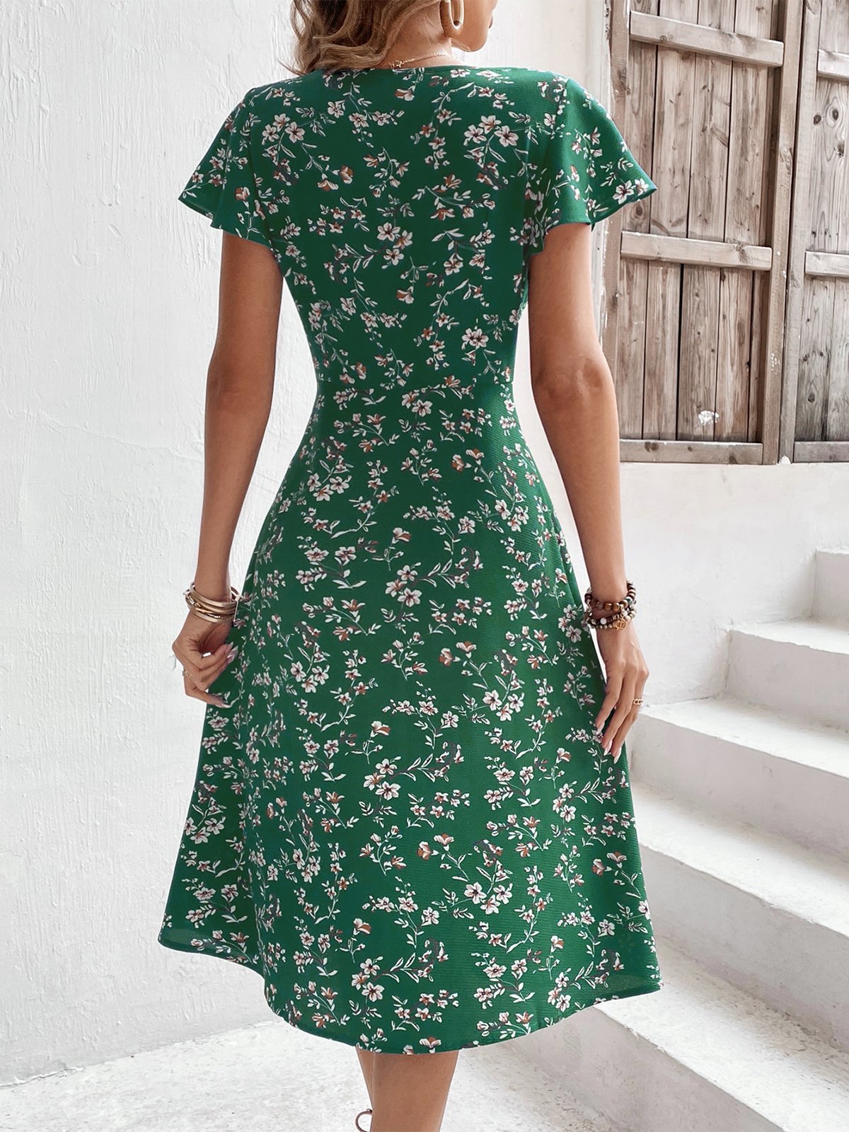 Robes Floral Été Élégant Polyester Micro-élasticité Manches Courtes Ligne X Non ré pour Femmes