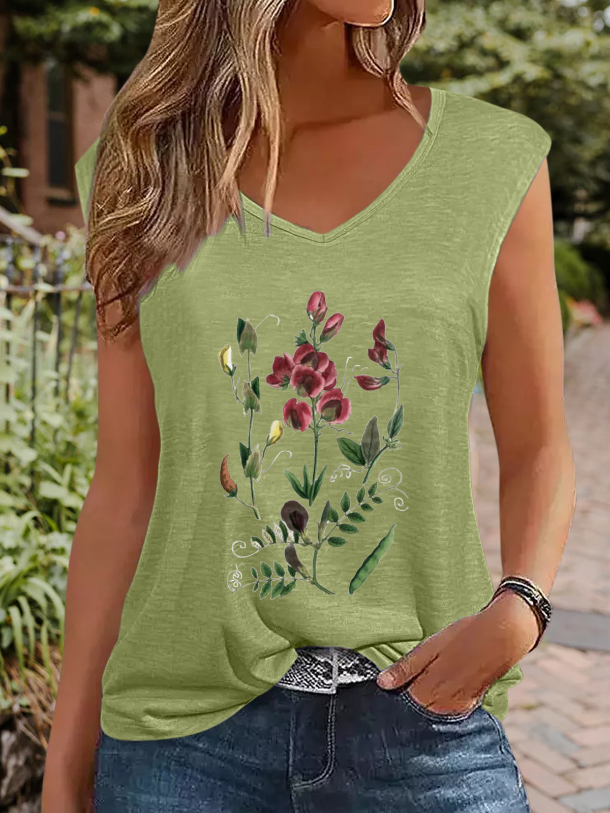 Top Débardeur Tops Été Simple Lettres de texte Col V Quotidien Mancheron en Mélangé de Coton Ligne X Régulier pour Femmes