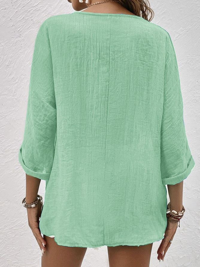Blouses Femmes Plain Printemps / Automne en Lin Col V Aucune élasticité Ample Manches 3/4 Droit Régulier