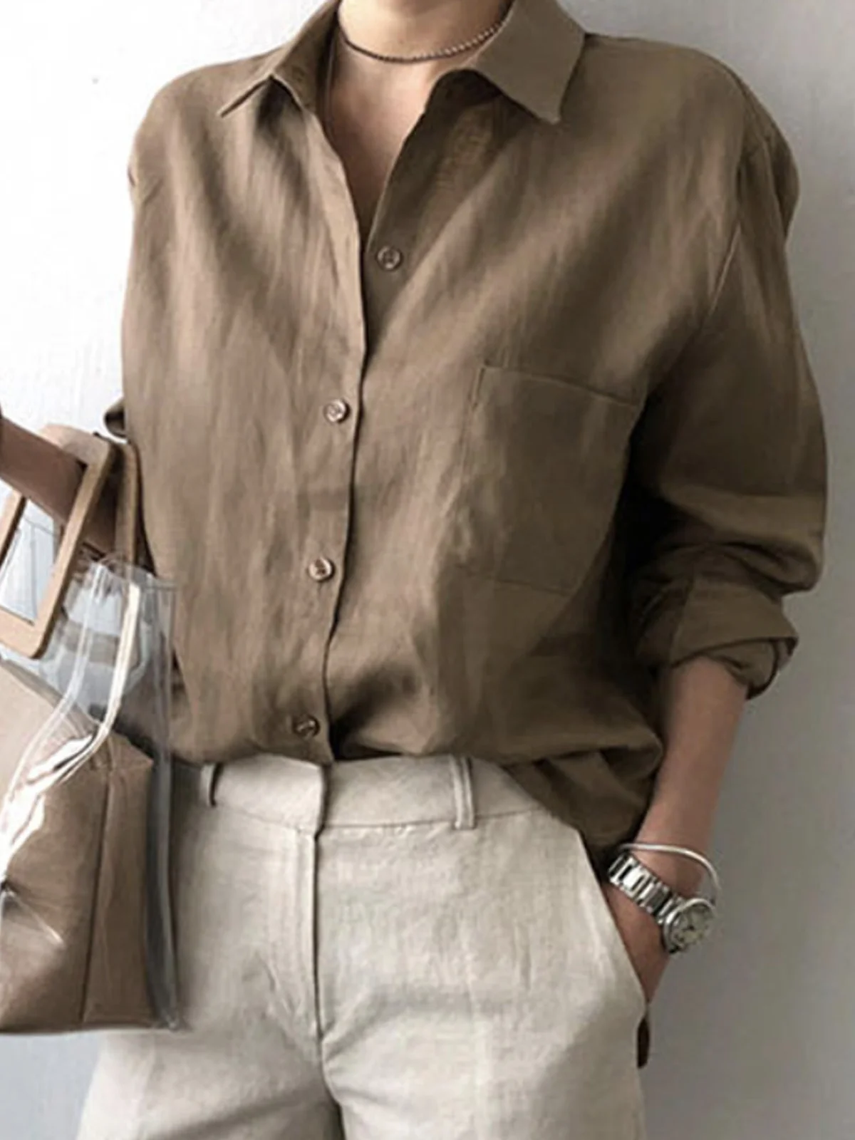 Blouses Décontracté Plain Printemps / Automne Aucune élasticité Vacances Manches Longues Régulier Régulier Col de Chemise pour Femmes