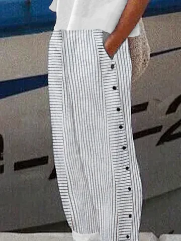 Pantalons Femmes Rayé Décontracté Toutes Les Saisons Polyester Boutonné Naturel Ample Liste préférée Régulier