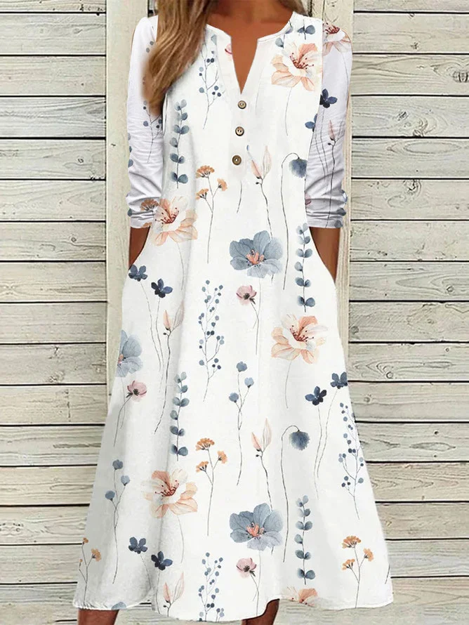Femmes Floral Blanc Entaillé Confortable Boucle Robe Mi-Longue Décontracté