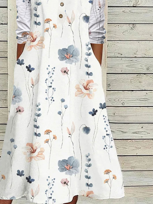 Femmes Floral Blanc Entaillé Confortable Boucle Robe Mi-Longue Décontracté