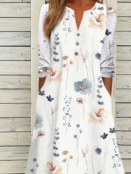 Femmes Floral Blanc Entaillé Confortable Boucle Robe Mi-Longue Décontracté