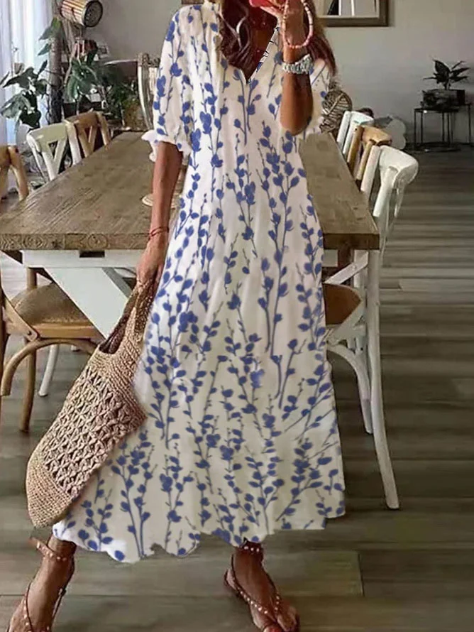 Robe Caftan Femmes Décontracté Bleu Floral Printemps Col V Aucune élasticité Quotidien Long Meilleure vente Trapèze